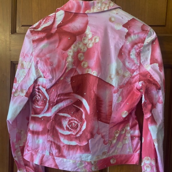 Pink Rose Pearl Beaded Denim Jacket Y2K Floral Bling Glam - Picture 3 of 15
